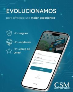 Nueva aplicación móvil de Coope San Marcos, destacando una experiencia más segura, moderna y cercana, con la pantalla de inicio de sesión mostrada en un teléfono inteligente